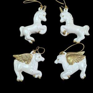 White Unicorn & Pegasus Christmas Ornaments Set Of 4 Glitter Gold Accents 3.5"